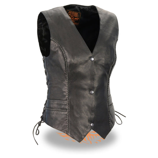 MLL4560 Women's Black Premium Leather Classic Braided Side Lace Deep V-Neck Motorcycle Rider Vest