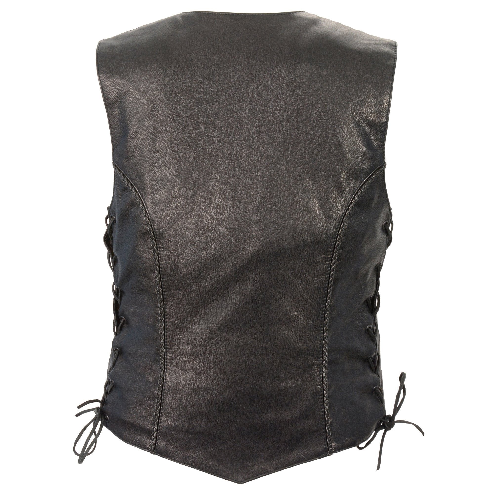 MLL4560 Women's Black Premium Leather Classic Braided Side Lace Deep V-Neck Motorcycle Rider Vest
