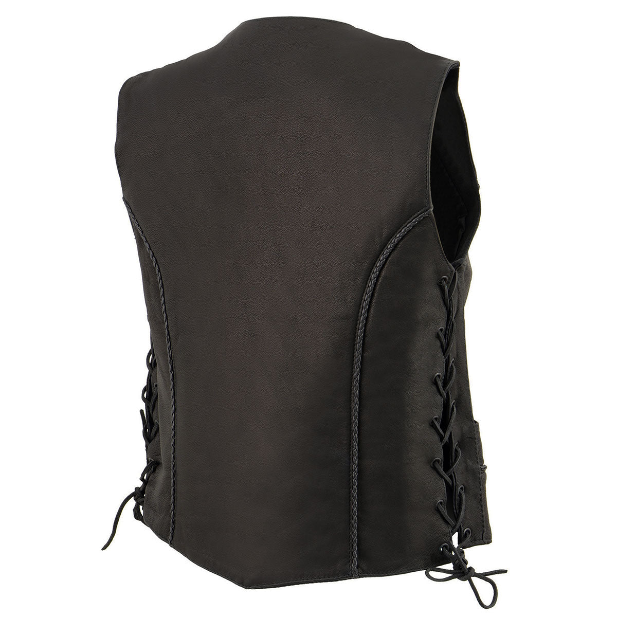 MLL4560 Women's Black Premium Leather Classic Braided Side Lace Deep V-Neck Motorcycle Rider Vest