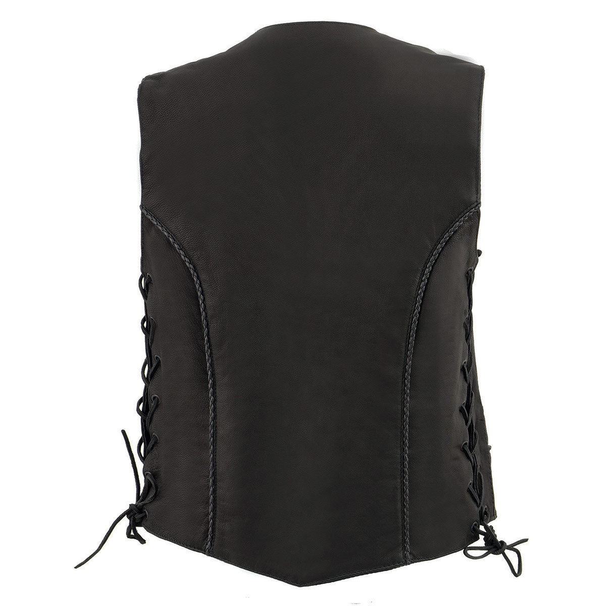 MLL4560 Women's Black Premium Leather Classic Braided Side Lace Deep V-Neck Motorcycle Rider Vest