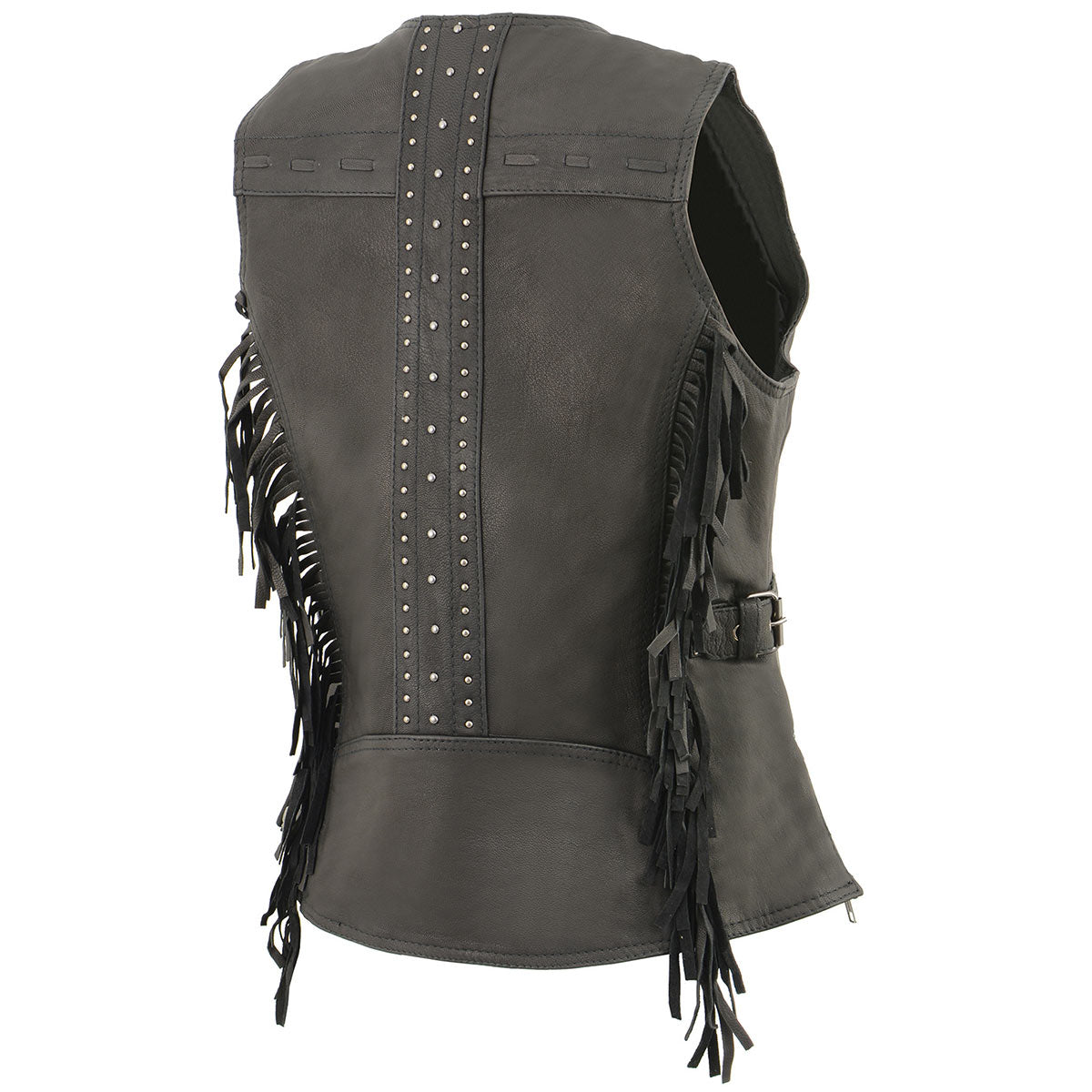 MLL4565 Women's Black Fringed Leather Rivet Detail Side Buckle and Zipper Motorcycle Rider Vest
