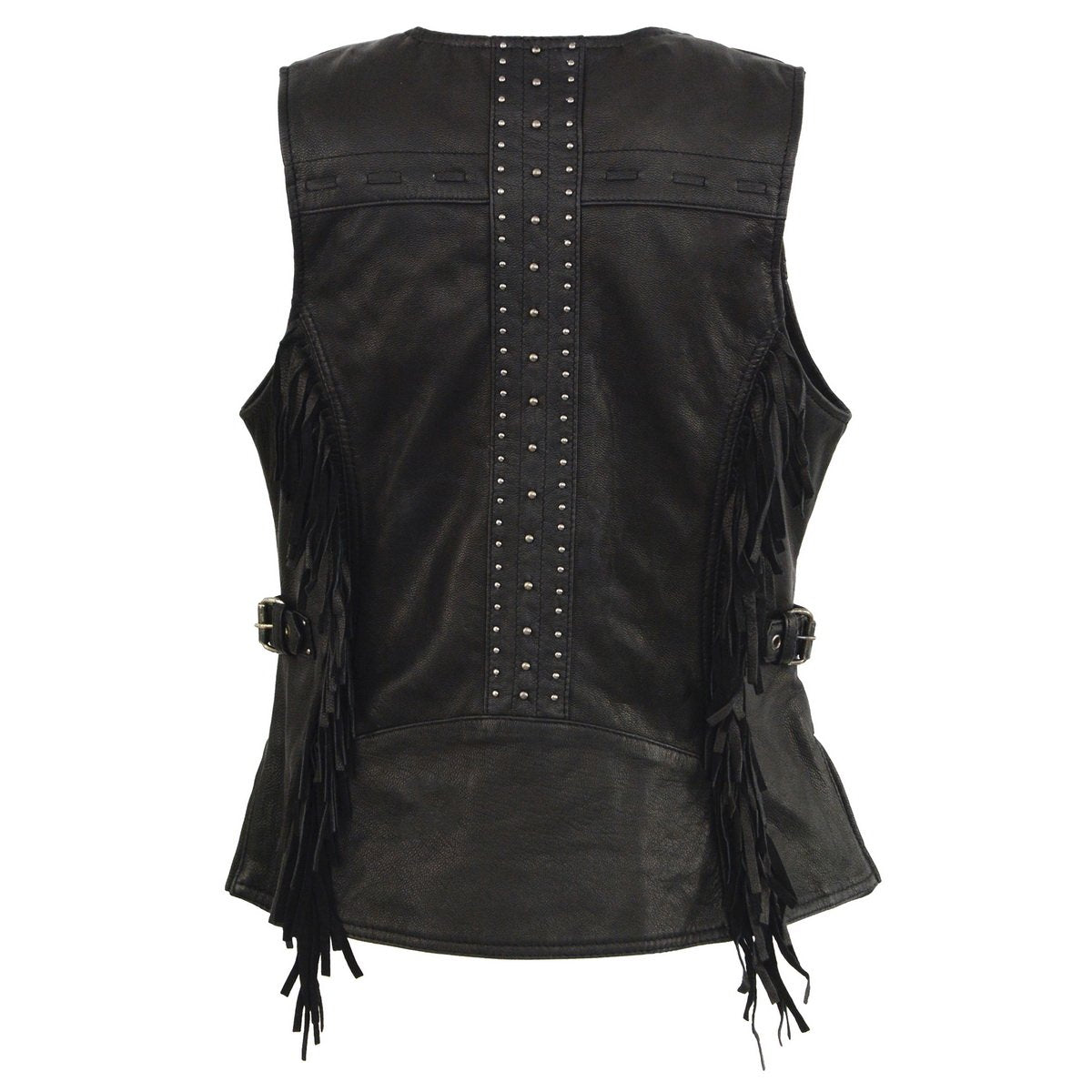 MLL4565 Women's Black Fringed Leather Rivet Detail Side Buckle and Zipper Motorcycle Rider Vest
