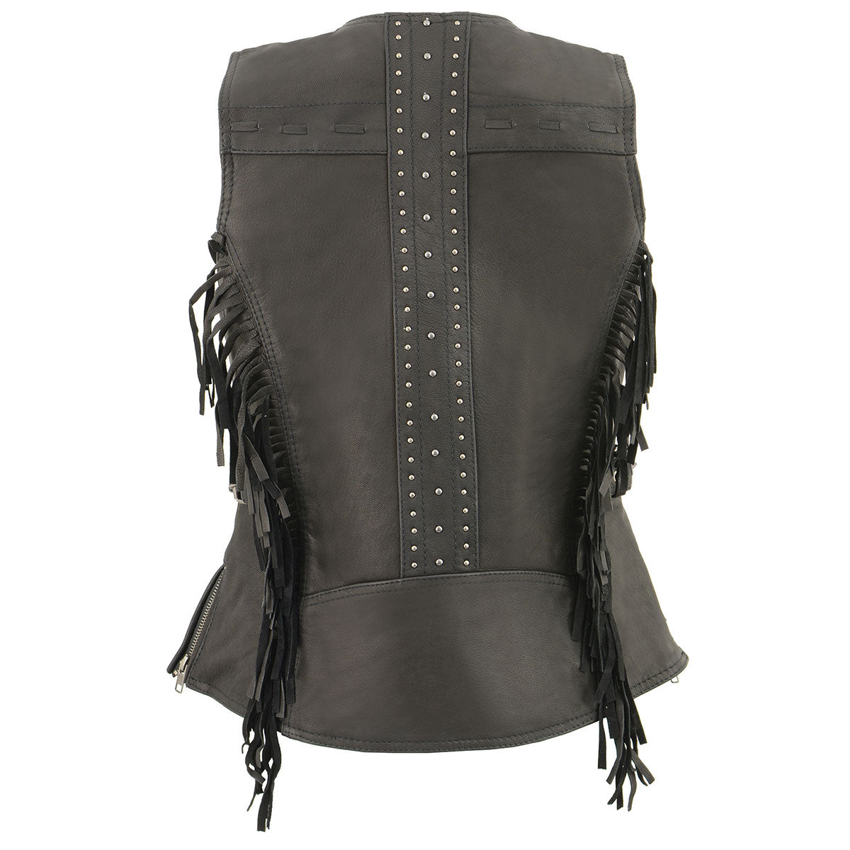 MLL4565 Women's Black Fringed Leather Rivet Detail Side Buckle and Zipper Motorcycle Rider Vest