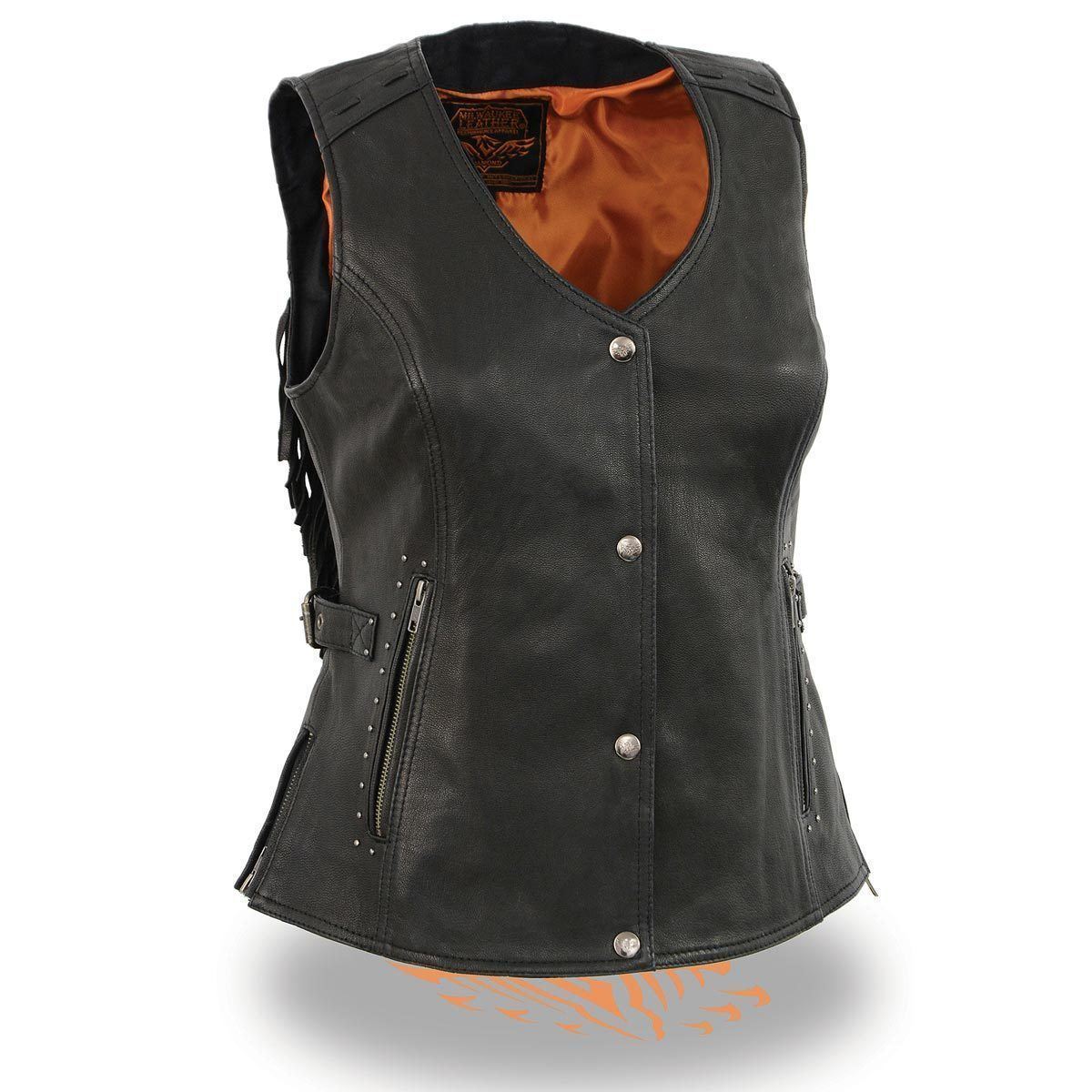 MLL4565 Women's Black Fringed Leather Rivet Detail Side Buckle and Zipper Motorcycle Rider Vest