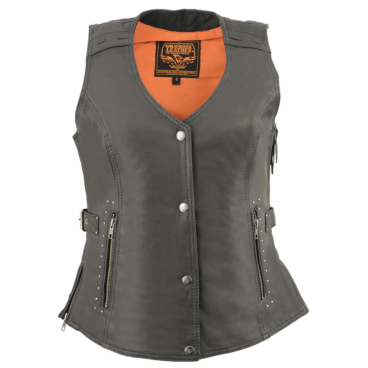 MLL4565 Women's Black Fringed Leather Rivet Detail Side Buckle and Zipper Motorcycle Rider Vest