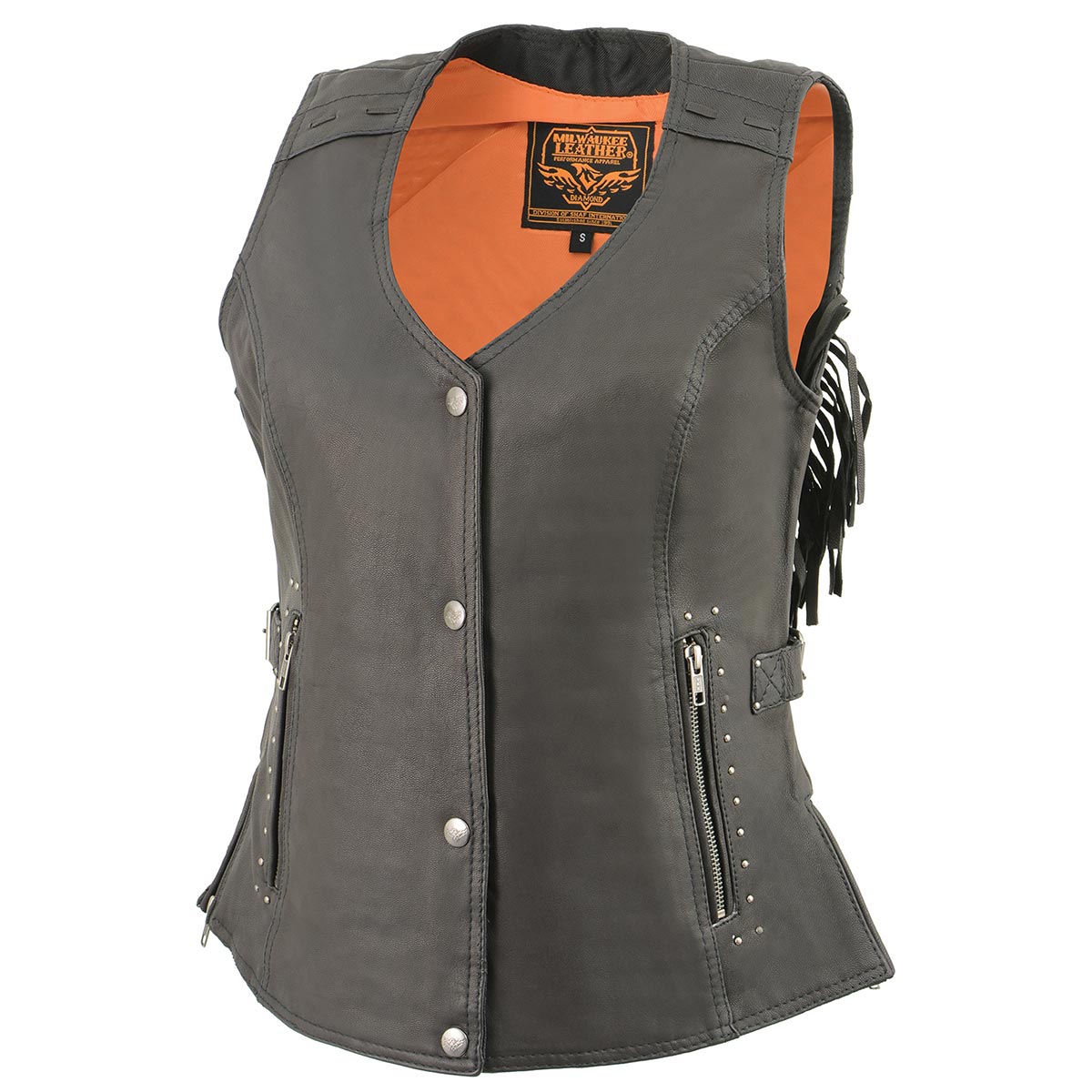 MLL4565 Women's Black Fringed Leather Rivet Detail Side Buckle and Zipper Motorcycle Rider Vest