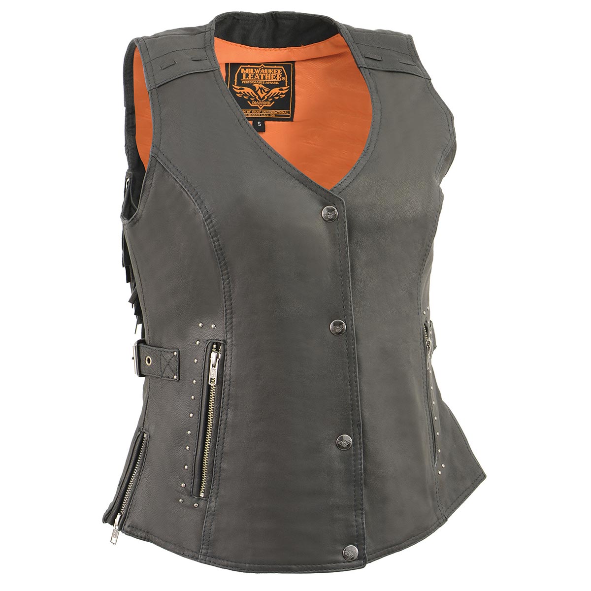 MLL4565 Women's Black Fringed Leather Rivet Detail Side Buckle and Zipper Motorcycle Rider Vest