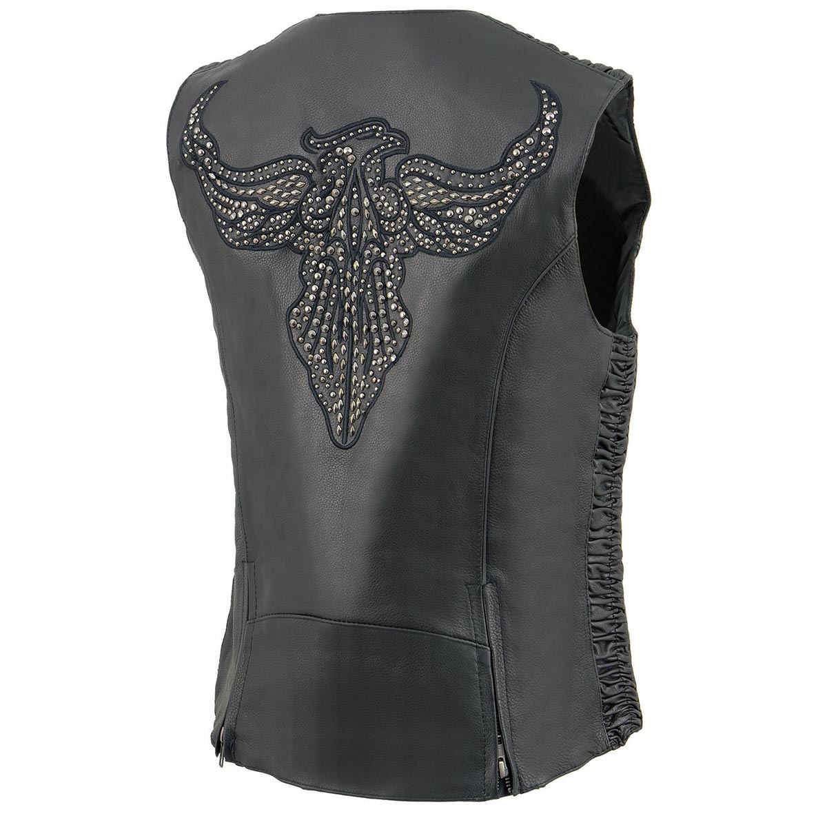 MLL4570 Women's Studded Phoenix Black Leather Motorcycle Biker Vest w/ Embroidery Art