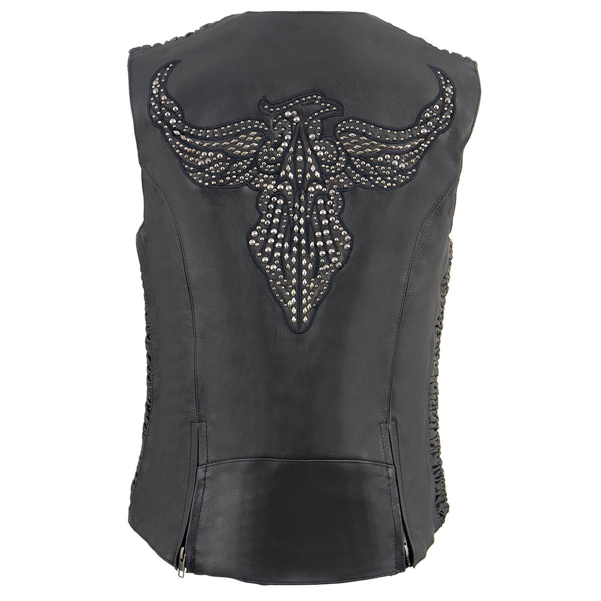 MLL4570 Women's Studded Phoenix Black Leather Motorcycle Biker Vest w/ Embroidery Art