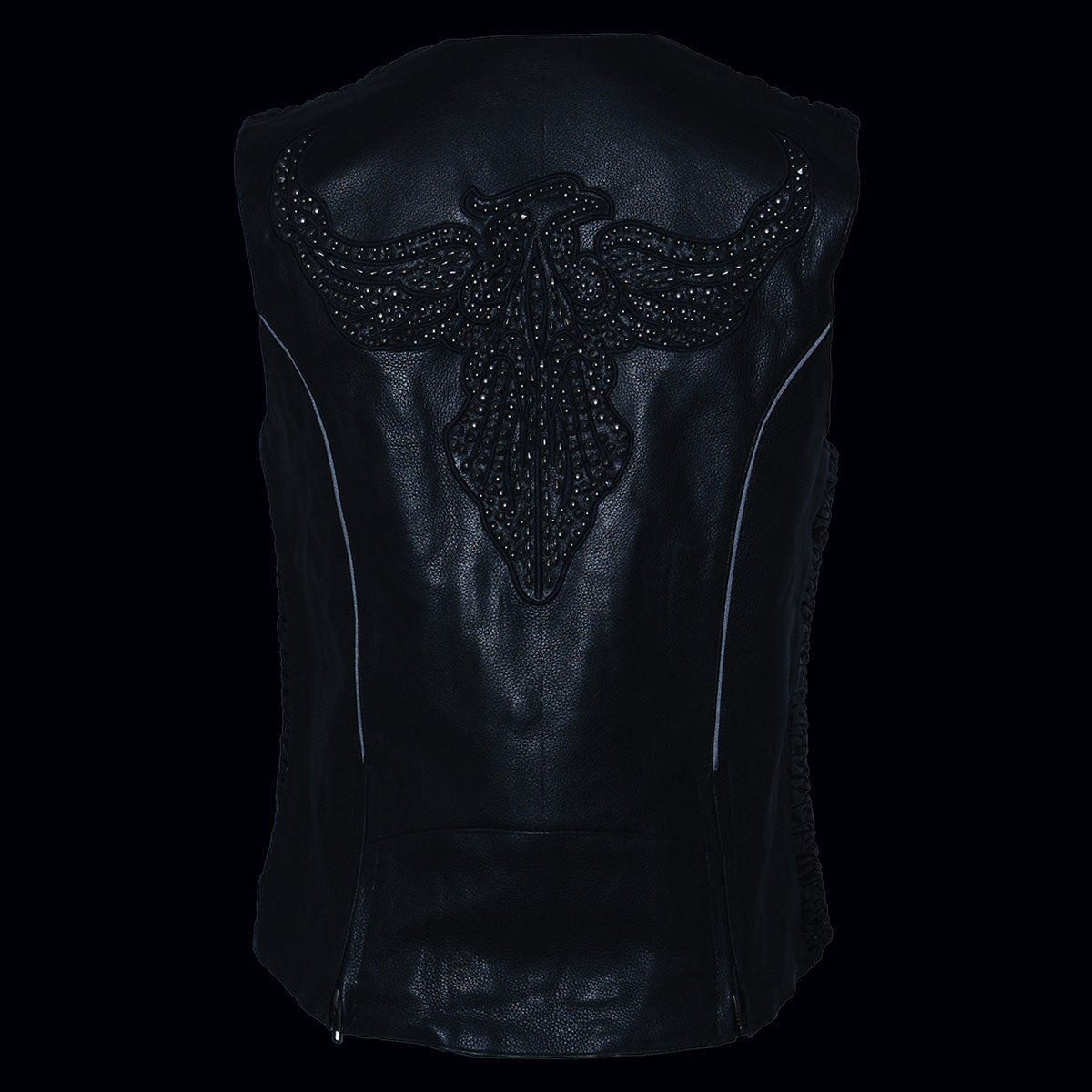 MLL4570 Women's Studded Phoenix Black Leather Motorcycle Biker Vest w/ Embroidery Art