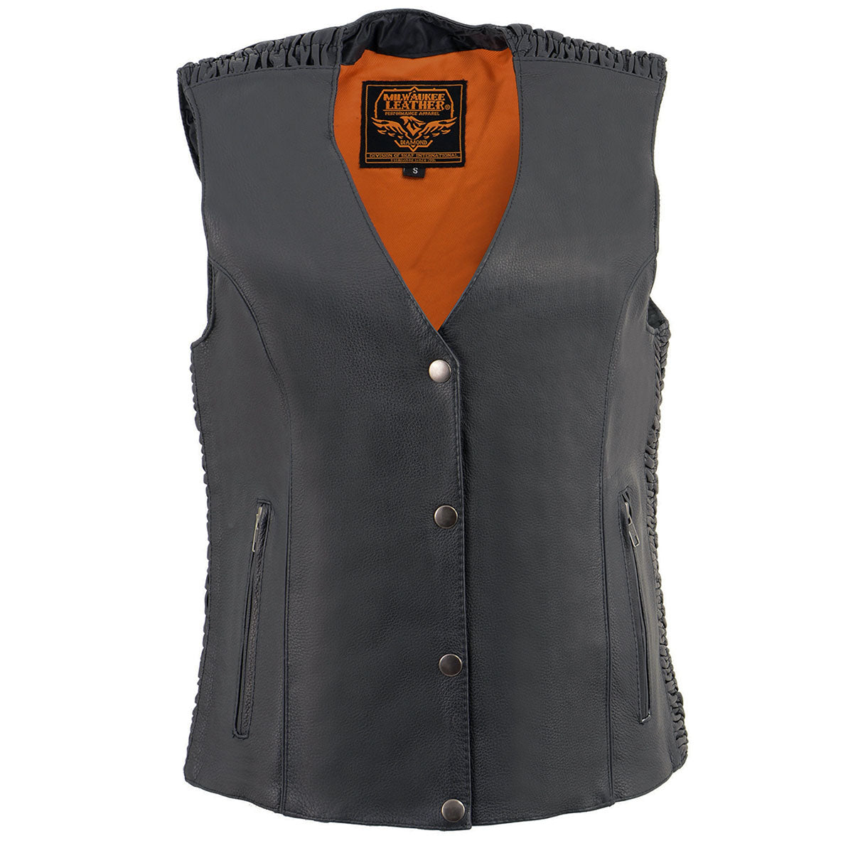 MLL4570 Women's Studded Phoenix Black Leather Motorcycle Biker Vest w/ Embroidery Art