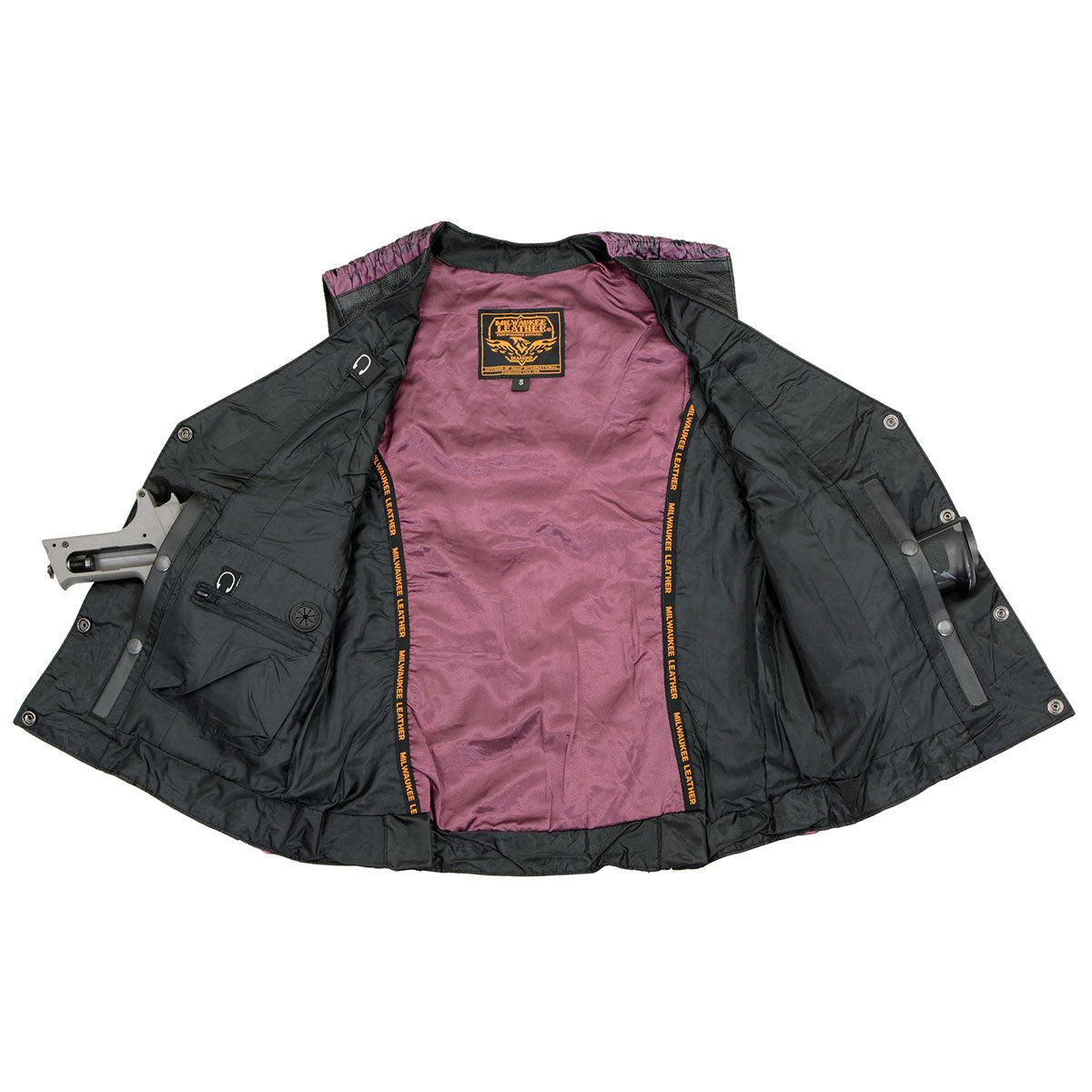 MLL4570 Women's Studded Phoenix Black/Purple Leather Motorcycle Vest w/ Embroidery Art