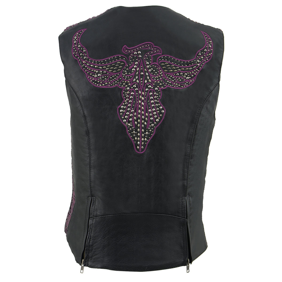 MLL4570 Women's Studded Phoenix Black/Purple Leather Motorcycle Vest w/ Embroidery Art