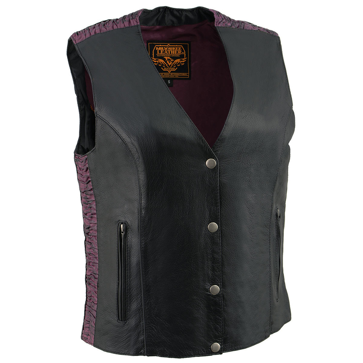 MLL4570 Women's Studded Phoenix Black/Purple Leather Motorcycle Vest w/ Embroidery Art