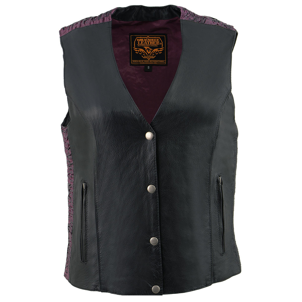 MLL4570 Women's Studded Phoenix Black/Purple Leather Motorcycle Vest w/ Embroidery Art