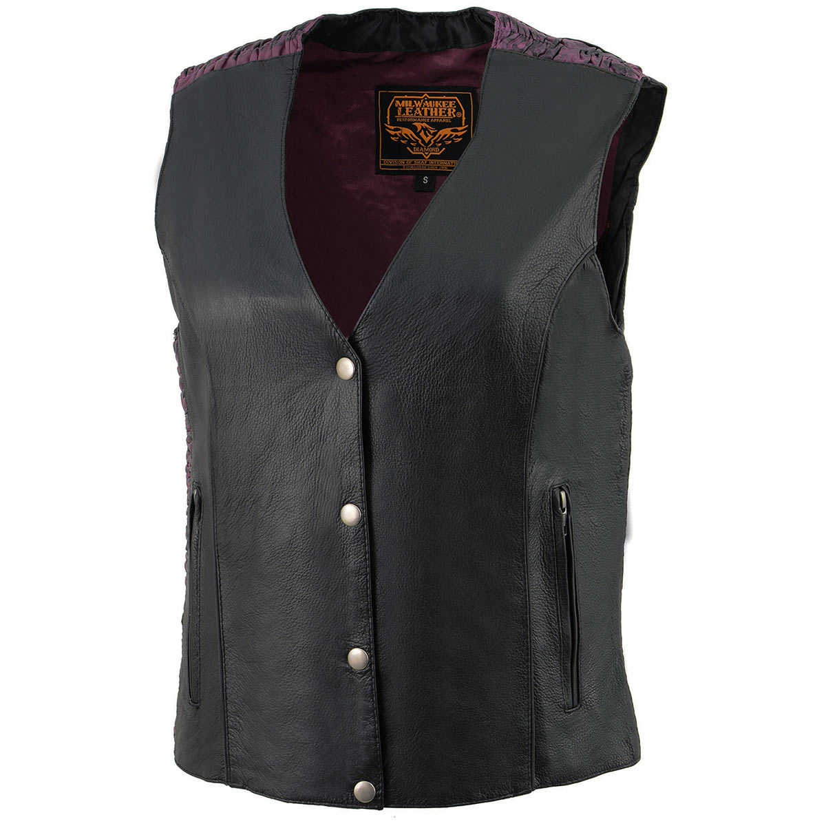 MLL4570 Women's Studded Phoenix Black/Purple Leather Motorcycle Vest w/ Embroidery Art