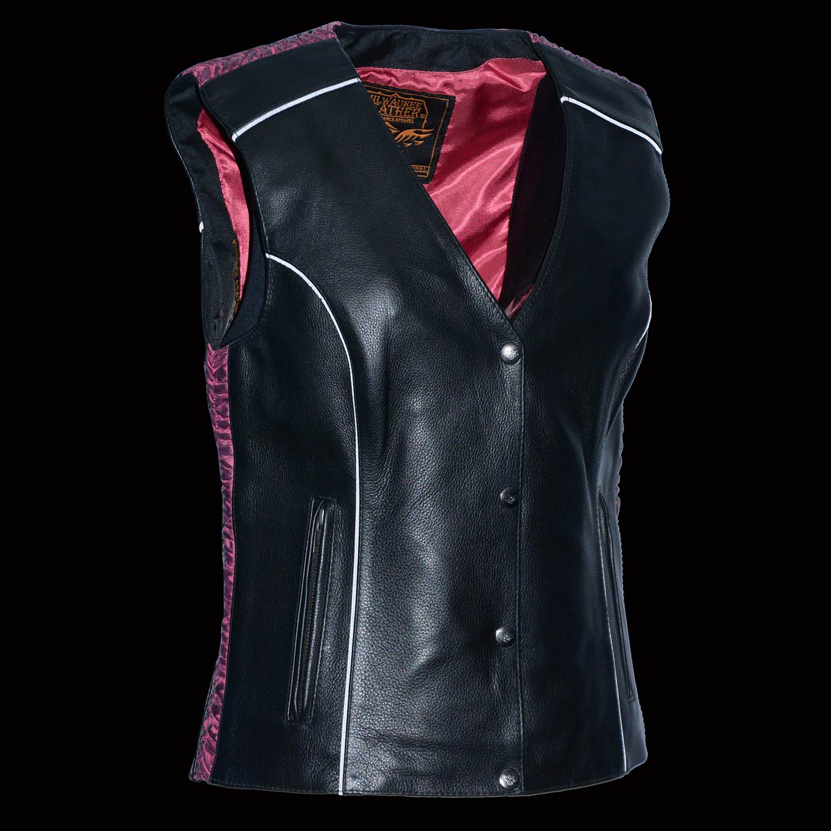 MLL4570 Women's Studded Phoenix Black/Purple Leather Motorcycle Vest w/ Embroidery Art