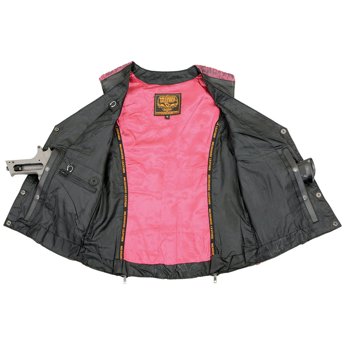MLL4570 Women's Studded Phoenix Black/Fuchsia Leather Motorcycle Vest w/ Embroidery Art