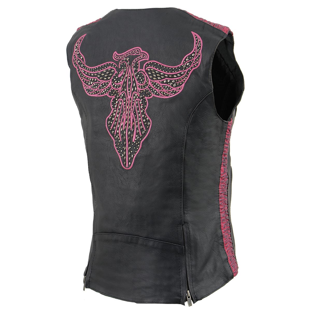 MLL4570 Women's Studded Phoenix Black/Fuchsia Leather Motorcycle Vest w/ Embroidery Art