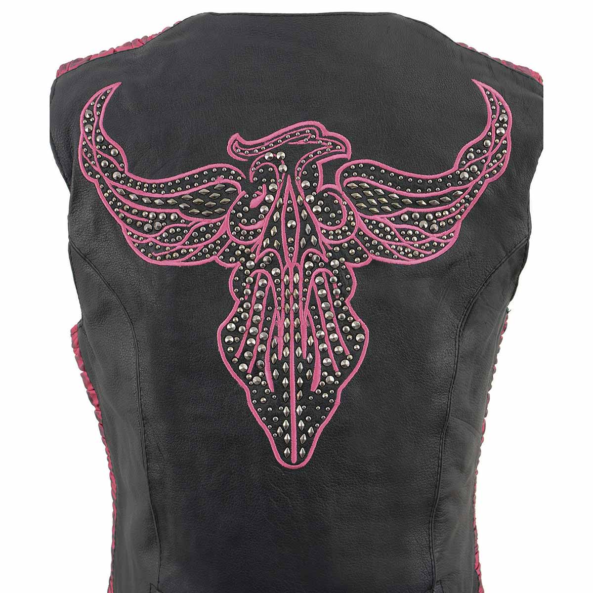 MLL4570 Women's Studded Phoenix Black/Fuchsia Leather Motorcycle Vest w/ Embroidery Art