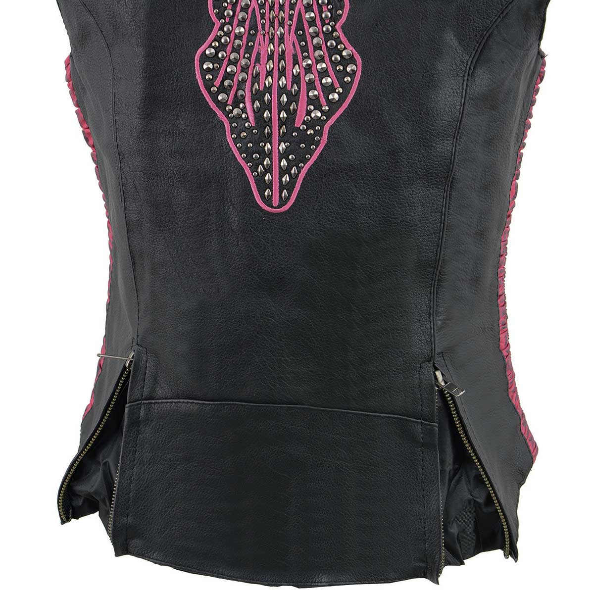 MLL4570 Women's Studded Phoenix Black/Fuchsia Leather Motorcycle Vest w/ Embroidery Art