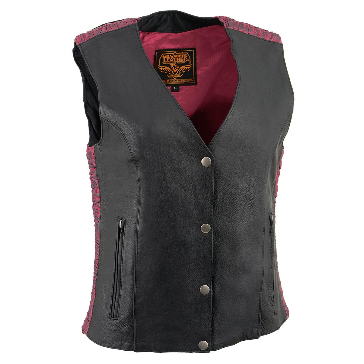 MLL4570 Women's Studded Phoenix Black/Fuchsia Leather Motorcycle Vest w/ Embroidery Art