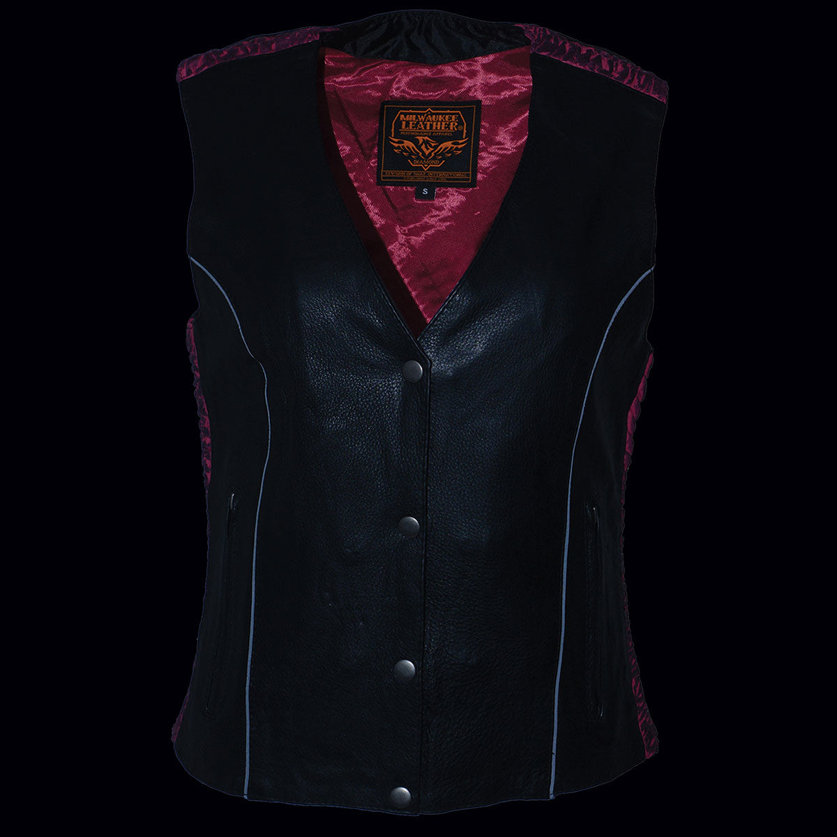 MLL4570 Women's Studded Phoenix Black/Fuchsia Leather Motorcycle Vest w/ Embroidery Art