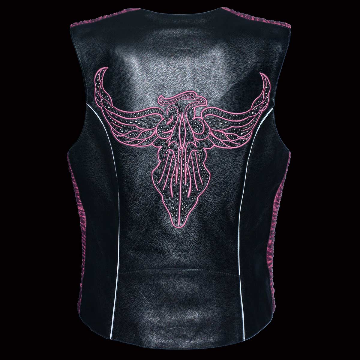 MLL4570 Women's Studded Phoenix Black/Fuchsia Leather Motorcycle Vest w/ Embroidery Art