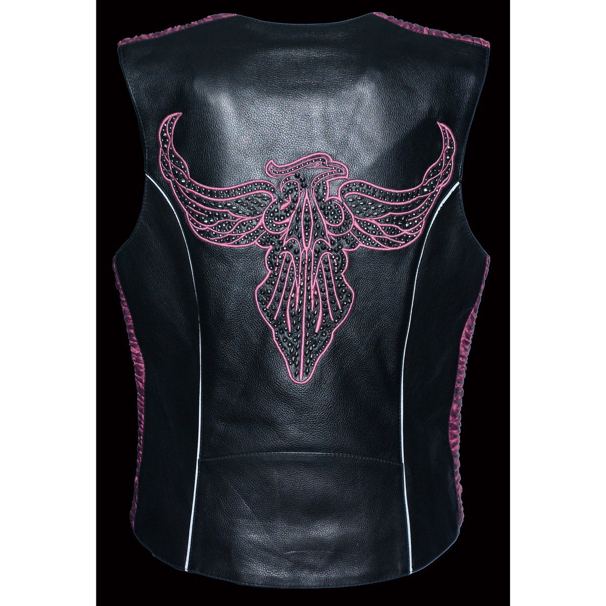 MLL4570 Women's Studded Phoenix Black/Fuchsia Leather Motorcycle Vest w/ Embroidery Art
