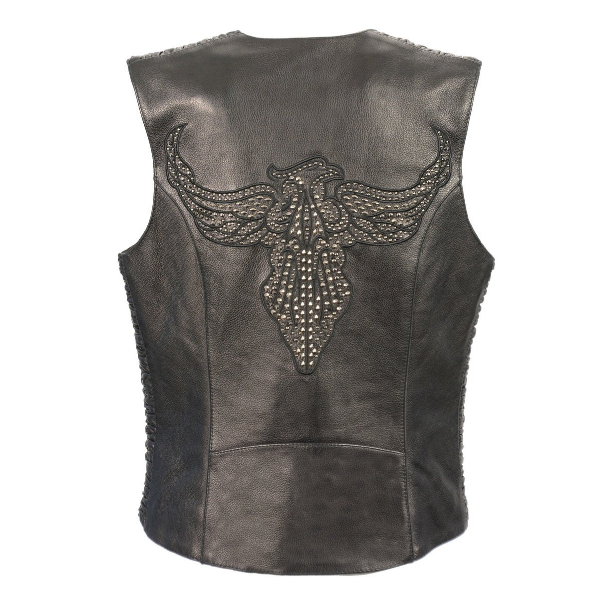 MLL4570 Women's Studded Phoenix Black Leather Motorcycle Biker Vest w/ Embroidery Art