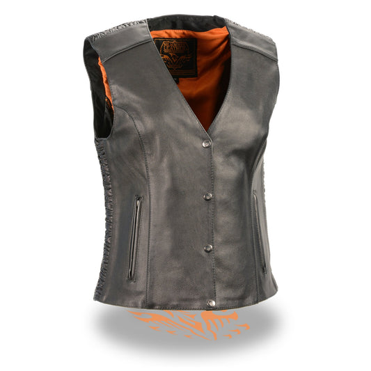 MLL4570 Women's Studded Phoenix Black Leather Motorcycle Biker Vest w/ Embroidery Art