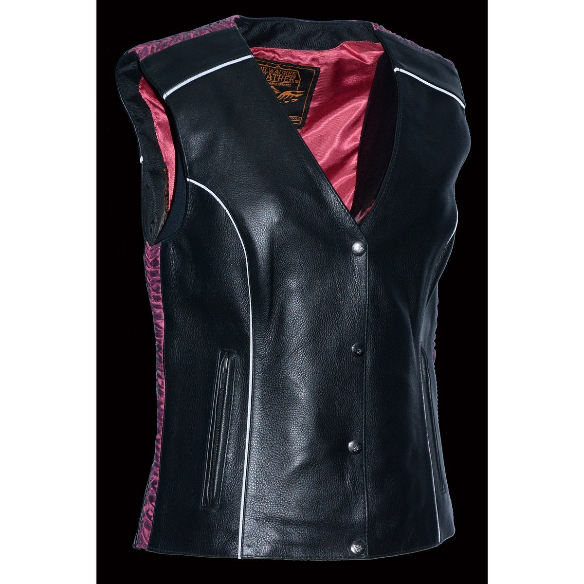 MLL4570 Women's Studded Phoenix Black/Fuchsia Leather Motorcycle Vest w/ Embroidery Art
