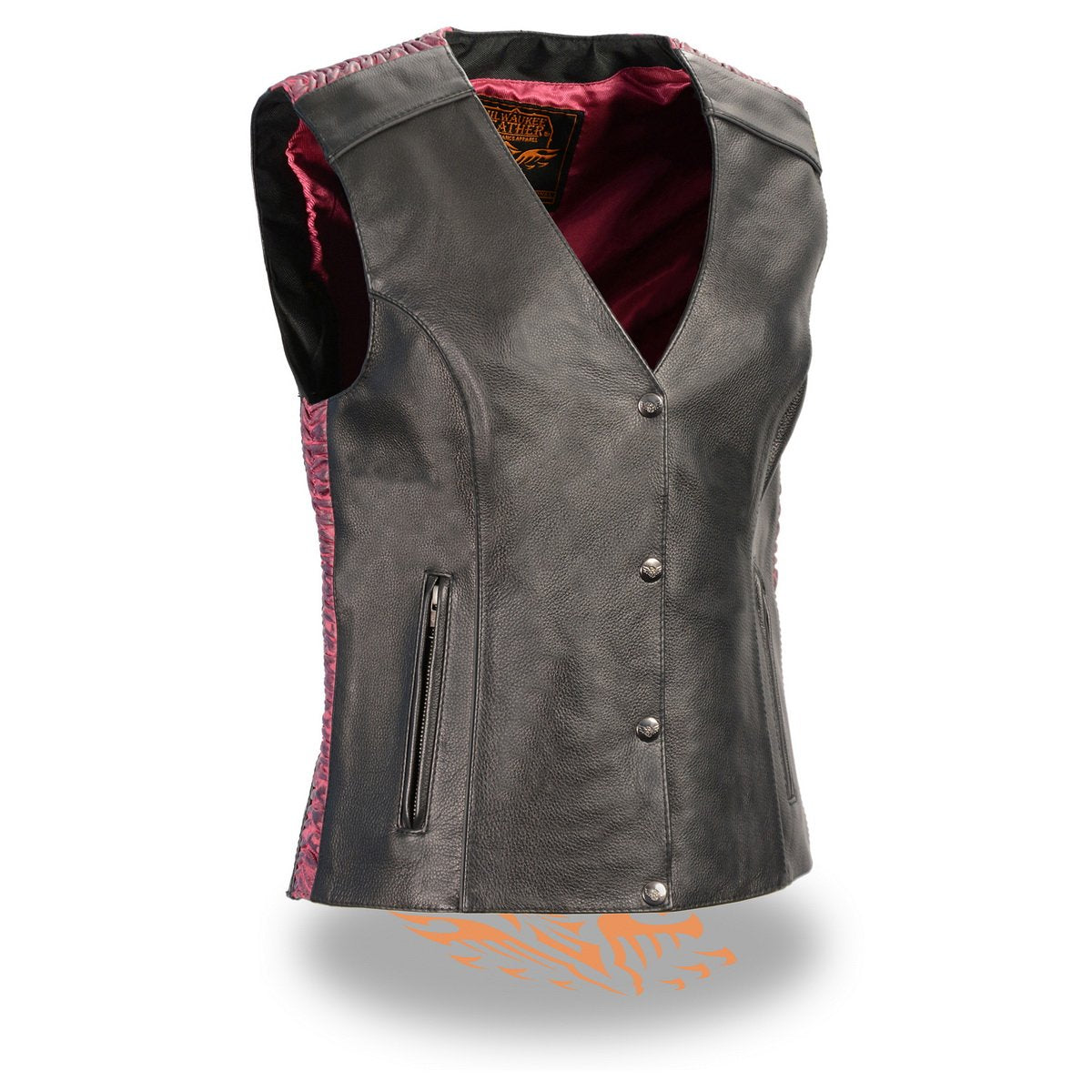MLL4570 Women's Studded Phoenix Black/Fuchsia Leather Motorcycle Vest w/ Embroidery Art