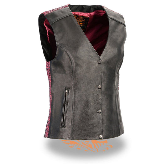 MLL4570 Women's Studded Phoenix Black/Fuchsia Leather Motorcycle Vest w/ Embroidery Art