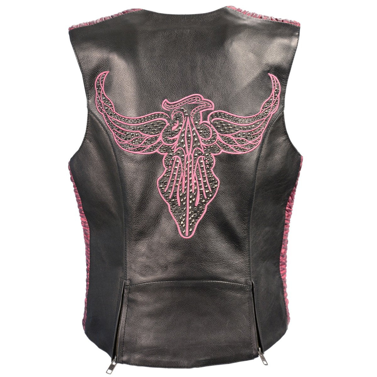 MLL4570 Women's Studded Phoenix Black/Fuchsia Leather Motorcycle Vest w/ Embroidery Art