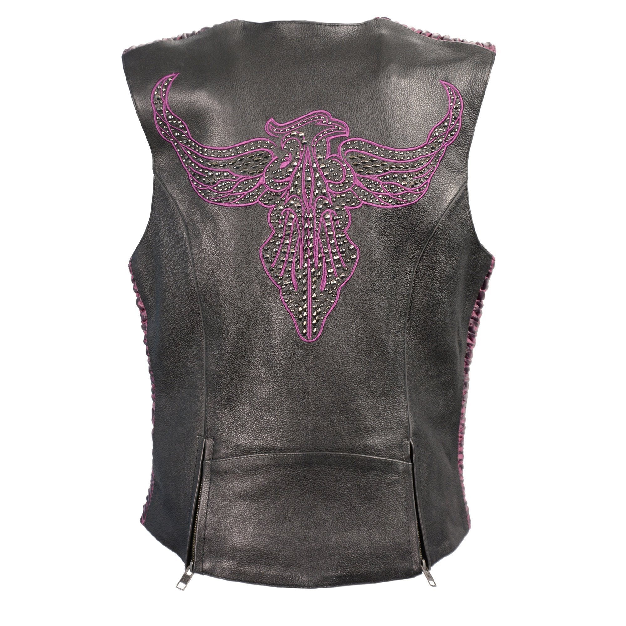 MLL4570 Women's Studded Phoenix Black/Purple Leather Motorcycle Vest w/ Embroidery Art