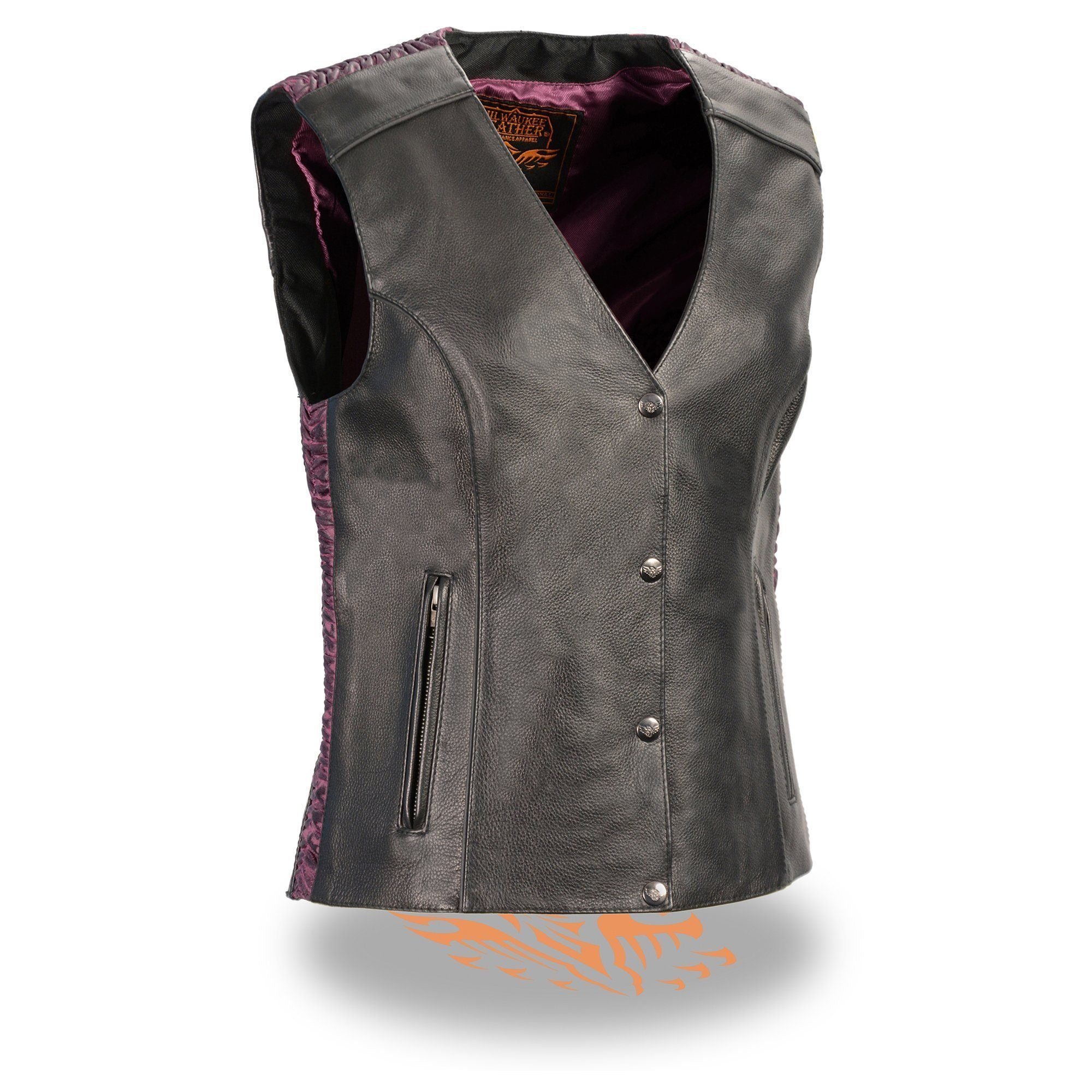 MLL4570 Women's Studded Phoenix Black/Purple Leather Motorcycle Vest w/ Embroidery Art