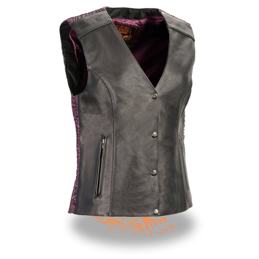 MLL4570 Women's Studded Phoenix Black/Purple Leather Motorcycle Vest w/ Embroidery Art