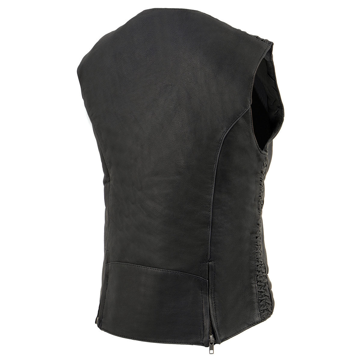 MLL4571 Women's Black Lightweight Motorcycle Leather Vest w/ Crinkled Leather Design