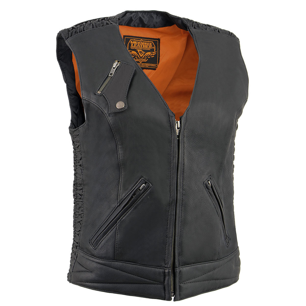 MLL4571 Women's Black Lightweight Motorcycle Leather Vest w/ Crinkled Leather Design