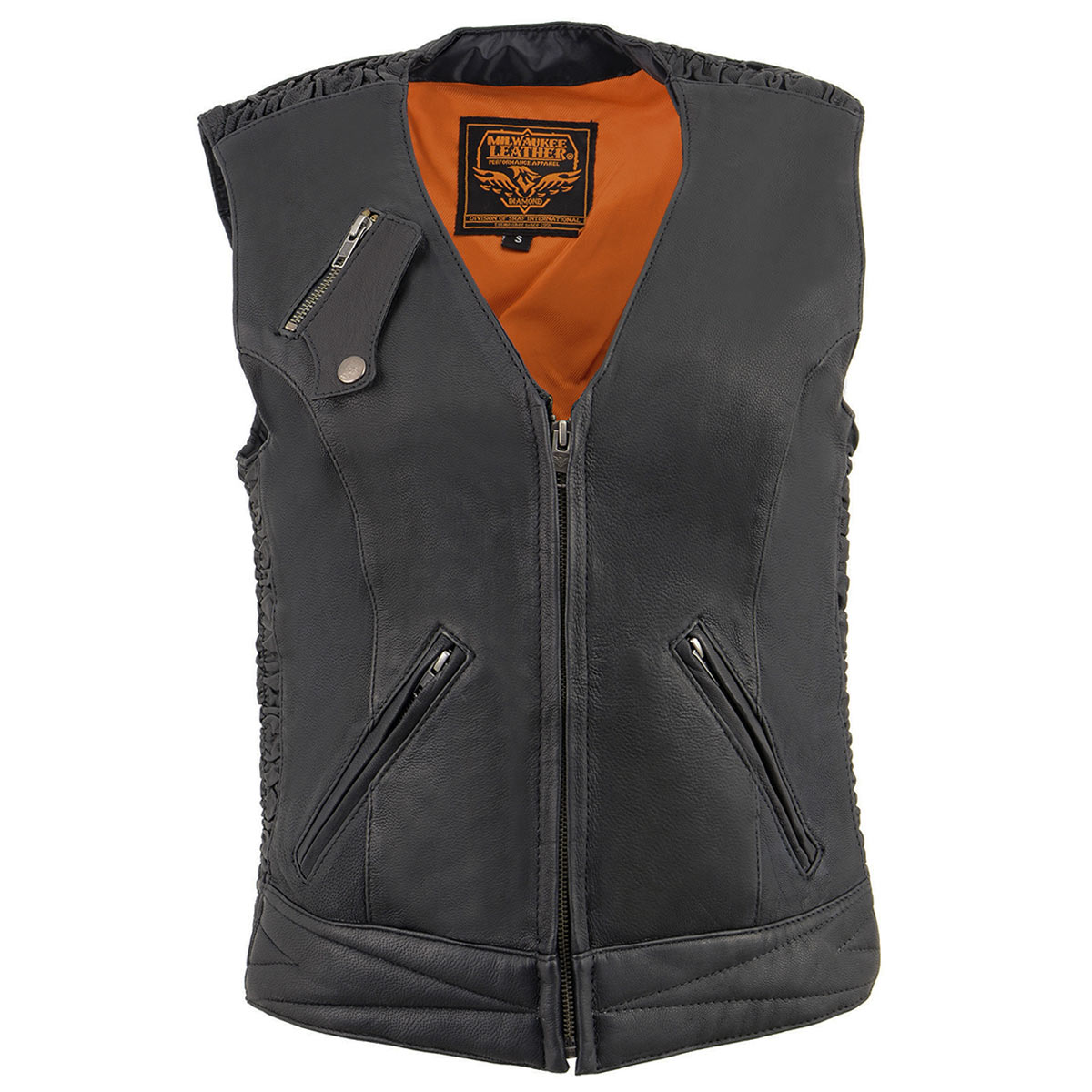 MLL4571 Women's Black Lightweight Motorcycle Leather Vest w/ Crinkled Leather Design