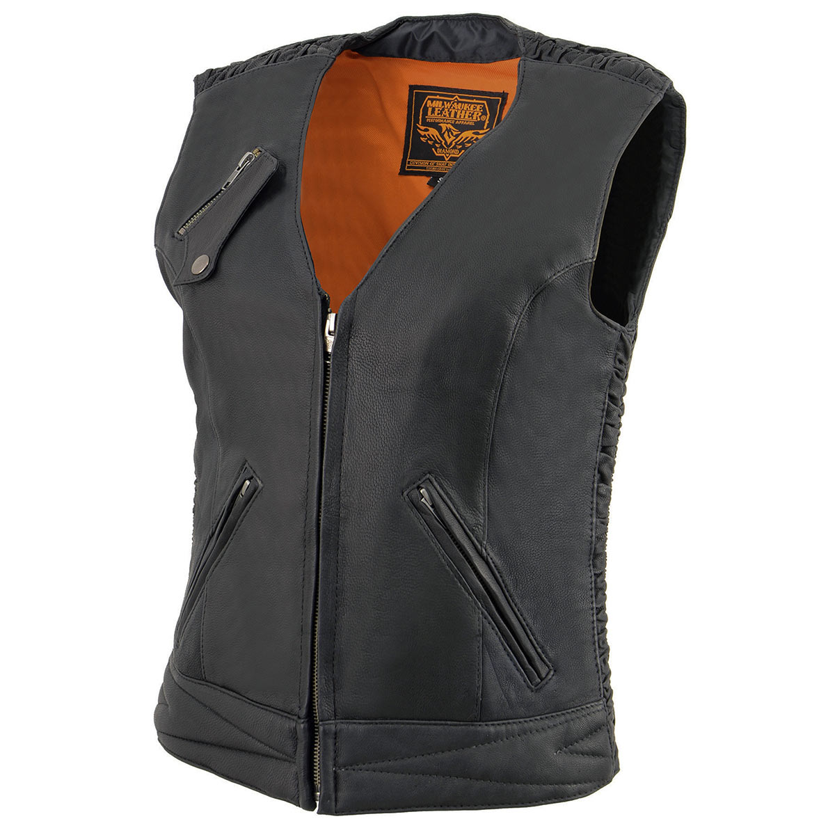 MLL4571 Women's Black Lightweight Motorcycle Leather Vest w/ Crinkled Leather Design