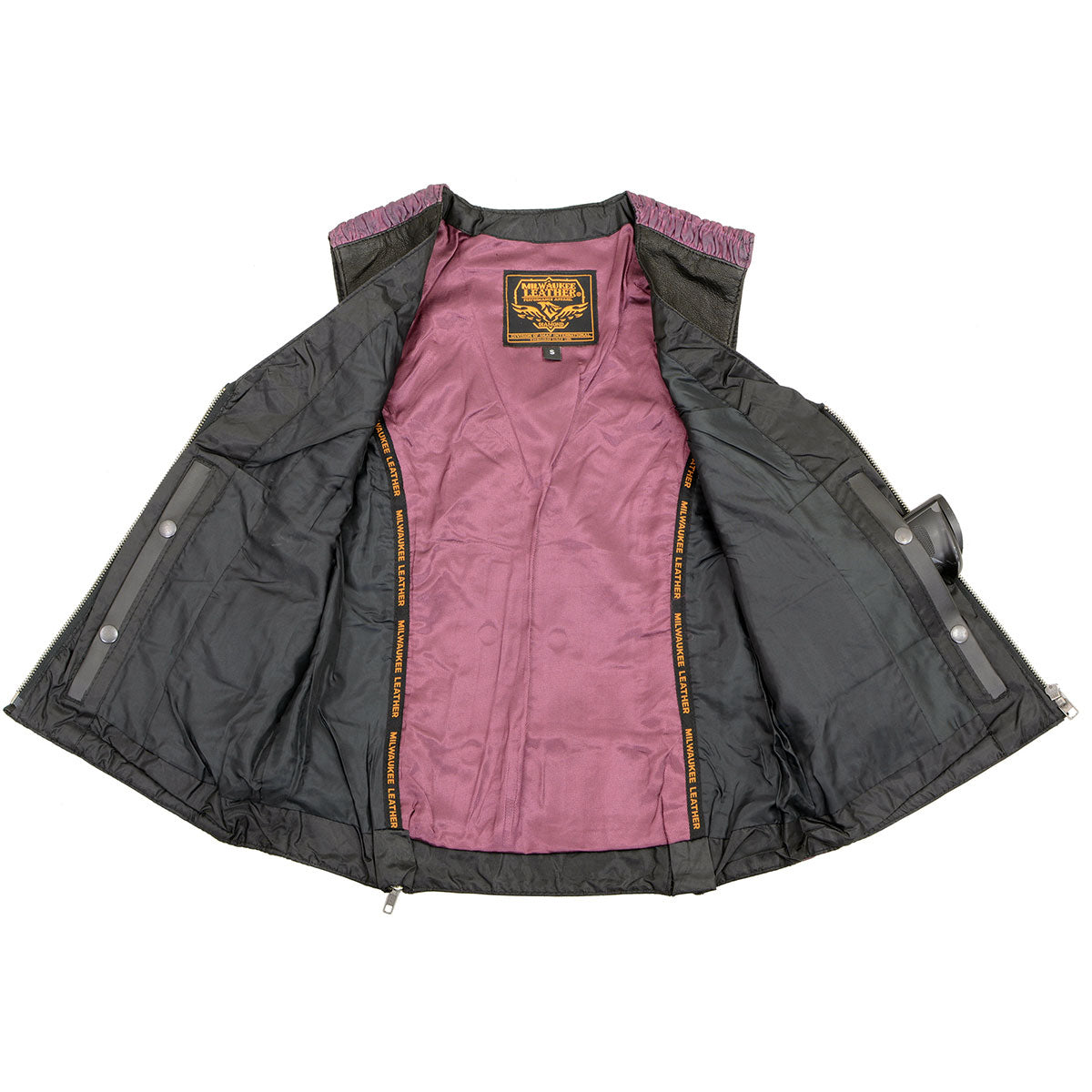 MLL4571 Women's Black and Pink Lightweight Motorcycle Leather Vest w/ Crinkled Leather Design