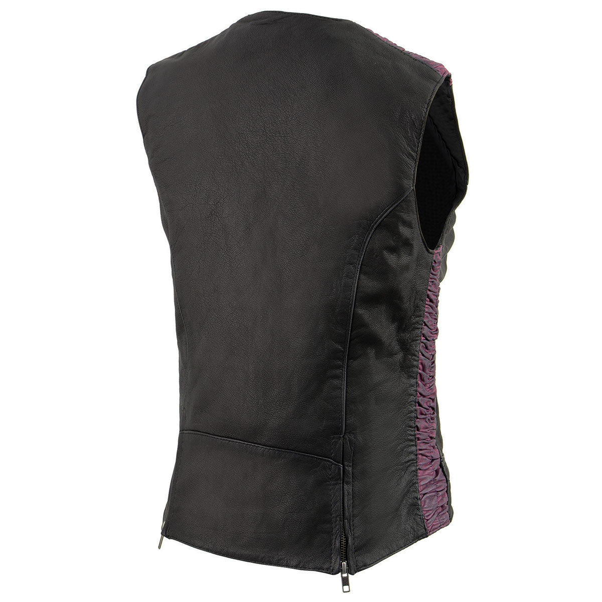MLL4571 Women's Black and Pink Lightweight Motorcycle Leather Vest w/ Crinkled Leather Design