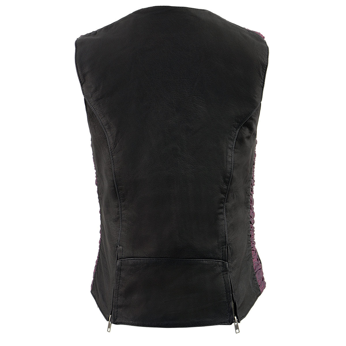 MLL4571 Women's Black and Pink Lightweight Motorcycle Leather Vest w/ Crinkled Leather Design