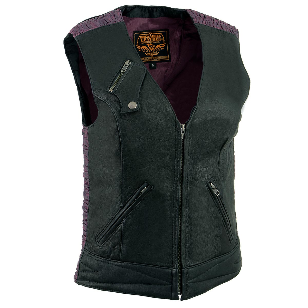MLL4571 Women's Black and Pink Lightweight Motorcycle Leather Vest w/ Crinkled Leather Design