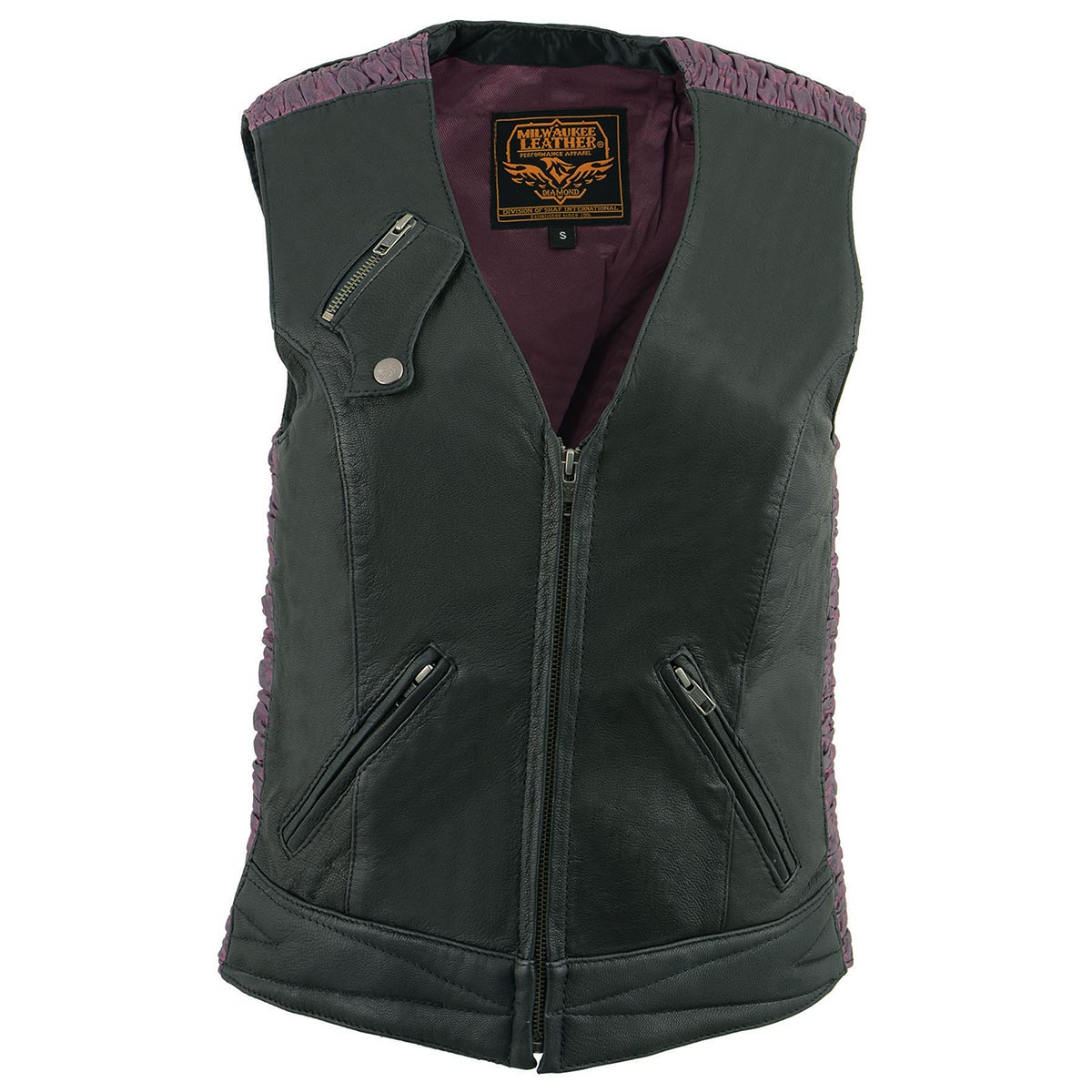 MLL4571 Women's Black and Pink Lightweight Motorcycle Leather Vest w/ Crinkled Leather Design