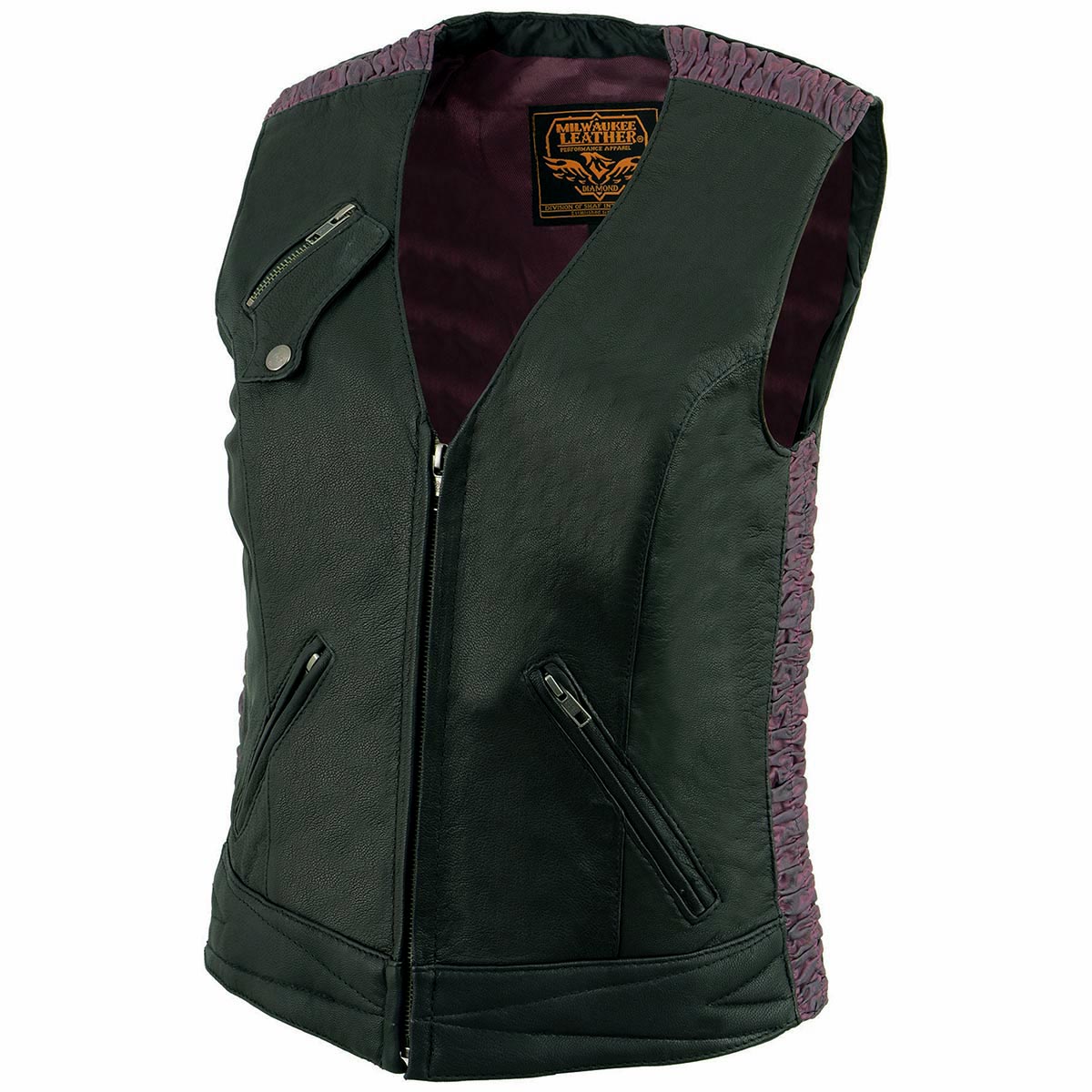 MLL4571 Women's Black and Pink Lightweight Motorcycle Leather Vest w/ Crinkled Leather Design