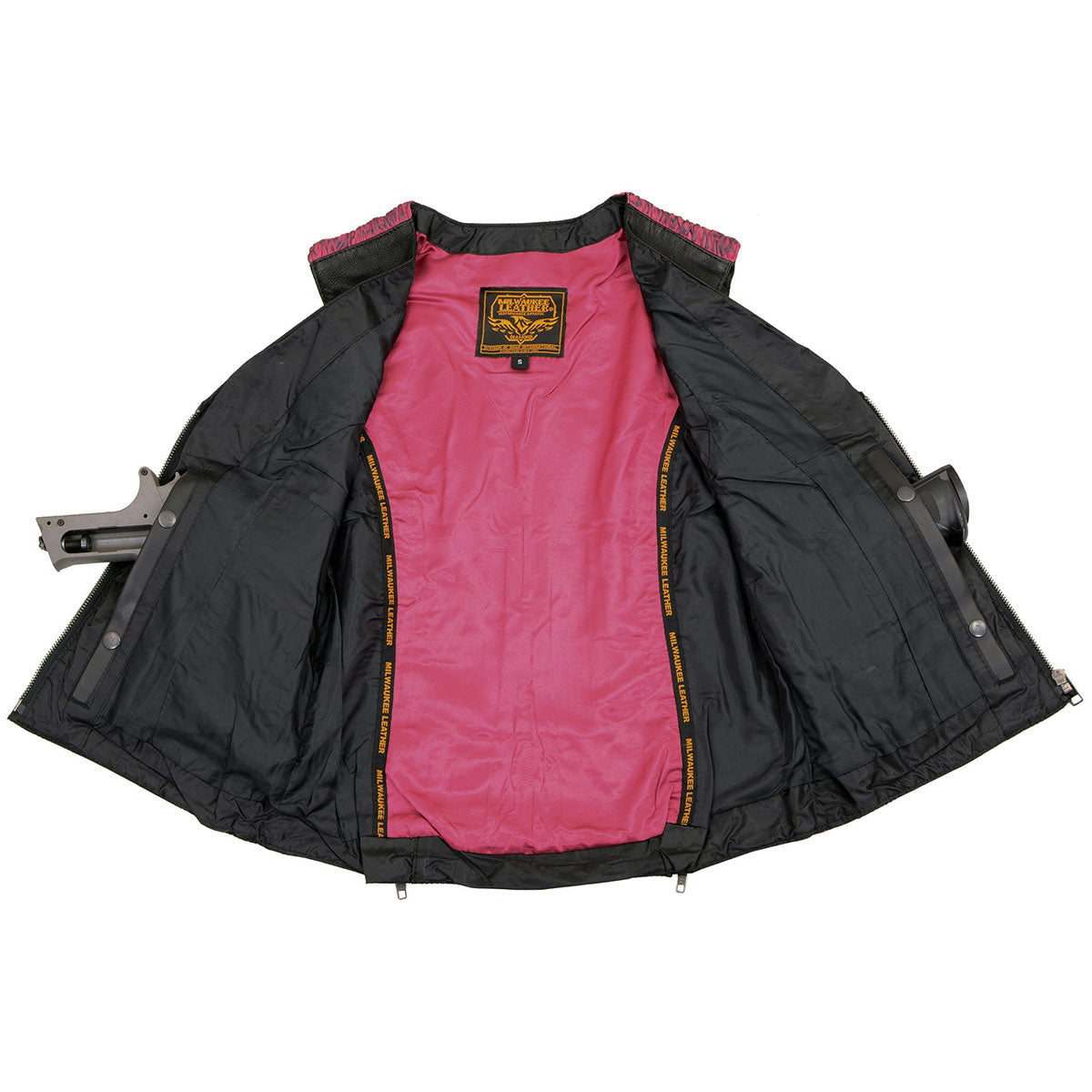 MLL4571 Women's Black and Pink Lightweight Motorcycle Leather Vest w/ Crinkled Leather Design