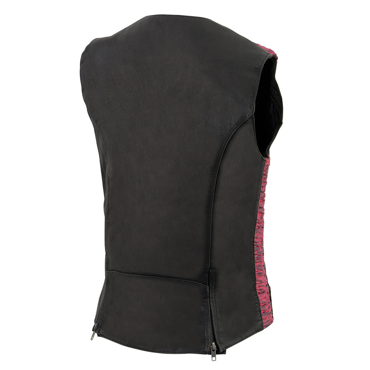 MLL4571 Women's Black and Pink Lightweight Motorcycle Leather Vest w/ Crinkled Leather Design